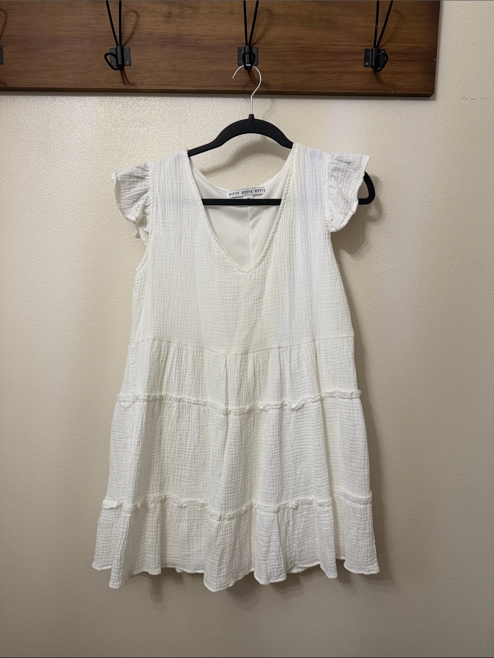 HYFVE Cream Gauze V-Neck Tiered Mini Dress